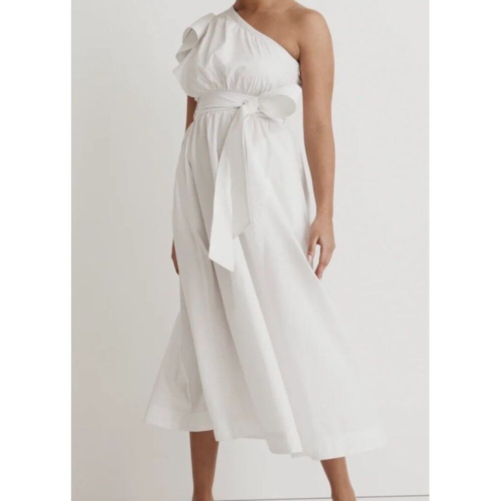 Madewell One-Shoulder White Midi Dress with Waist Tie